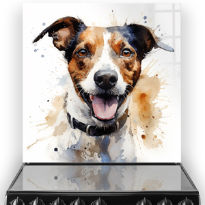 Joyful Jack Russell printed splashback art in a kitchen setting with playful watercolour splatters in brown, black, and beige.