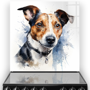 Jack Russell Terrier painted on a kitchen splashback with blue and brown watercolour splashes