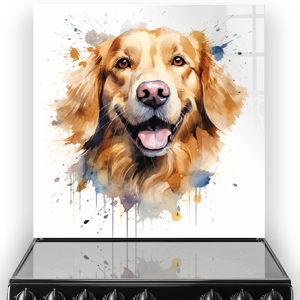 Vibrant Golden Retriever printed kitchen splashback art with colourful watercolour accents