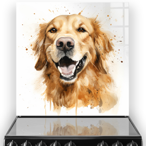 Joyful Golden Retriever printed on a kitchen splashback with white background and golden paint splashes