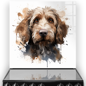 Artistic watercolour illustration of a Cocker Spaniel on a kitchen splashback