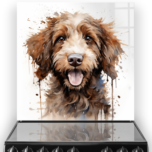 Jack, the cheerful Labradoodle, as the focus of a printed kitchen splashback with a blend of brown and beige splatters.
