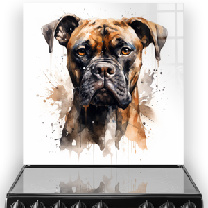 Artistic watercolour boxer dog printed splashback in a modern kitchen