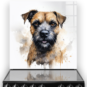 Artistic illustration of a Terrier dog on a kitchen splashback with soft watercolour splashes