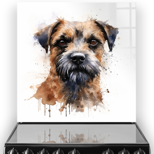 Watercolour portrait of a Border Terrier on a kitchen splashback