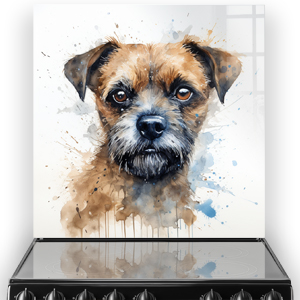 Printed Border Terrier dog kitchen splashback featuring watercolour art in browns and blues