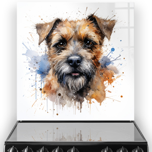 Watercolour painted Terrier on a kitchen splashback with blue and orange accents
