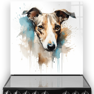 Artistic watercolour Whippet printed kitchen splashback in a modern kitchen