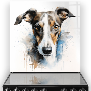 Artistic watercolour whippet illustration on a kitchen splashback
