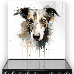 Artistic Whippet dog printed kitchen splashback in earthy and blue tones