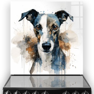 Artistic printed Whippet dog splashback in a kitchen with abstract watercolour design in brown and blue shades