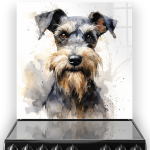 Artistic Miniature Schnauzer printed glass splashback with watercolour splashes in beige, grey, and black tones.
