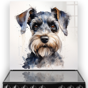 Artistic Schnauzer dog print on kitchen splashback with smoky blue accents