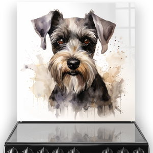 A printed Schnauzer dog kitchen splashback in earthy watercolour tones