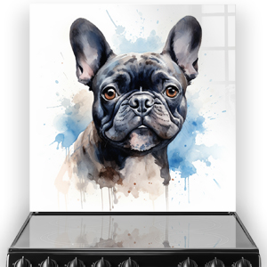Printed French Bulldog splashback art in a kitchen, with blue and tan watercolour details