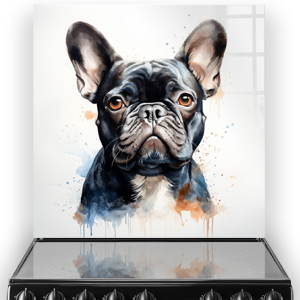 Artistic French Bulldog printed kitchen splashback in charcoal, blue, and sienna