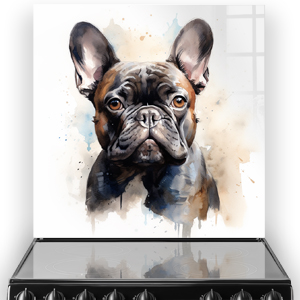 Artistic French Bulldog portrait kitchen splashback in a mix of brown, blue, and black hues