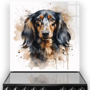 Artistic Dachshund kitchen splashback with warm watercolour tones