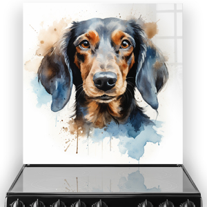 Artistic Dachshund kitchen splashback with watercolour splashes in blue and brown