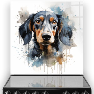Watercolour style printed Dachshund splashback with paint splatters in kitchen setting