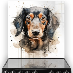 Artistic Dachshund dog printed kitchen splashback with abstract watercolor backdrop in sepia and grey tones