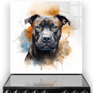 Staffordshire Bull Terrier illustrated on a kitchen splashback with watercolour splashes
