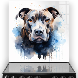 Printed Staffordshire Bull Terrier kitchen splashback with watercolour design in blues and browns