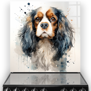 Artistic printed Cavalier King Charles Spaniel kitchen splashback in watercolour style with blue and earthy tones
