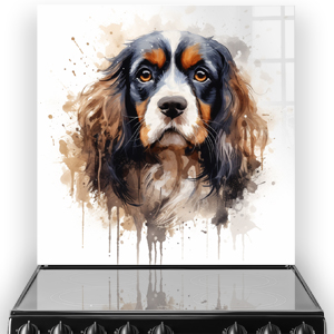 Artistic Cavalier King Charles Spaniel printed kitchen splashback in brown and cream tones
