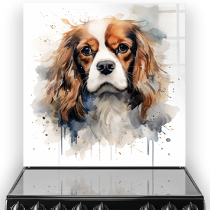 A Cavalier King Charles Spaniel printed kitchen splashback in watercolour style against a white backdrop
