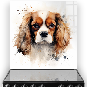 Illustrated Cavalier King Charles Spaniel on kitchen splashback with abstract watercolour accents