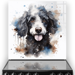Watercolour poodle printed splashback art above a stove