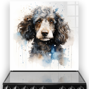 Artistic printed poodle splashback featuring a watercolour beige, blue, and black poodle in a kitchen setting