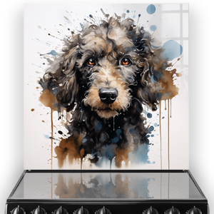 Artistic printed poodle kitchen splashback with watercolor effects in browns and blues