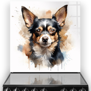 Colourful printed Chihuahua splashback art in warm and soft hues