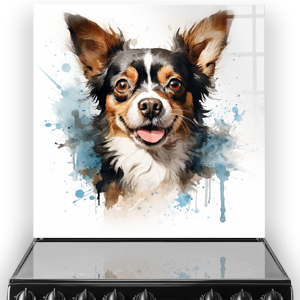 Colourful printed Chihuahua splashback, with abstract blue and brown watercolour splashes, above a cooker.