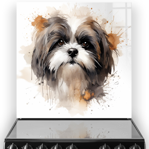 Artistic printed Shih Tzu kitchen splashback in brown, cream, amber, and ebony