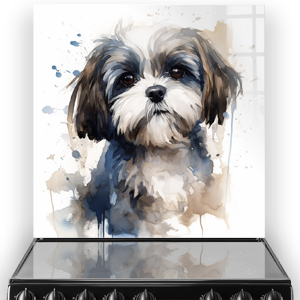 Illustrated Shih Tzu in watercolours on a printed kitchen splashback