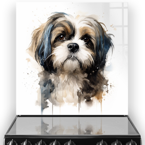 Watercolour-style printed splashback of a Shih Tzu in beige, white, and brown tones