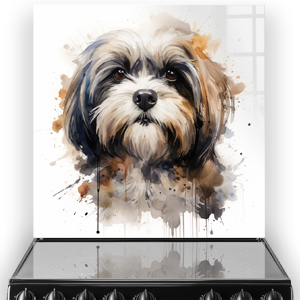 Watercolour art of a Shih Tzu on a kitchen splashback, showcasing beige, brown, and hints of orange