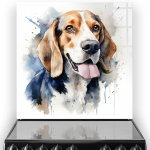 Beagle dog watercolour art splashback in kitchen with hints of blue and brown