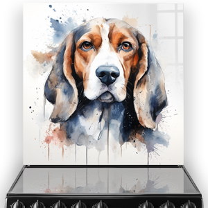 Artistic Beagle dog printed kitchen splashback in brown, amber, and blue hues