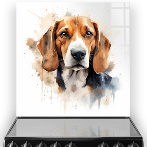 Watercolour painted Beagle on kitchen splashback above cooker in warm and cool hues