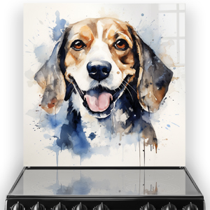 Colourful printed Beagle splashback art featuring a watercolour painting of a friendly Beagle in a kitchen setting
