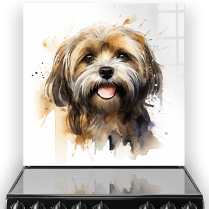 Artistic printed Lhasa Apso dog splashback in warm browns and cool blues