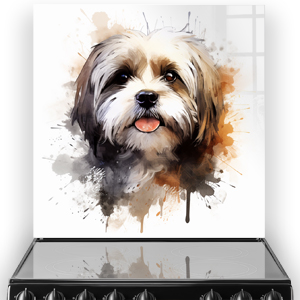 Lhasa Apso printed splashback with warm watercolour tones