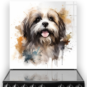 Printed Lhasa Apso kitchen splashback art featuring warm and earthy tones