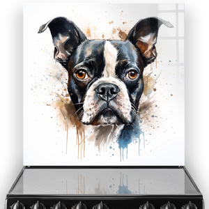 Artistic printed Boston Terrier splashback in a kitchen setting with colour splashes