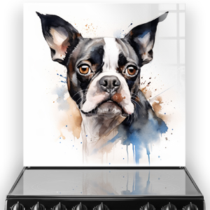 A Boston Terrier kitchen splashback showcasing a detailed and colourful watercolour painting of the dogs face above a cooker.