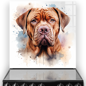 Illustrative Dogue de Bordeaux printed kitchen splashback art in warm brown and blue tones